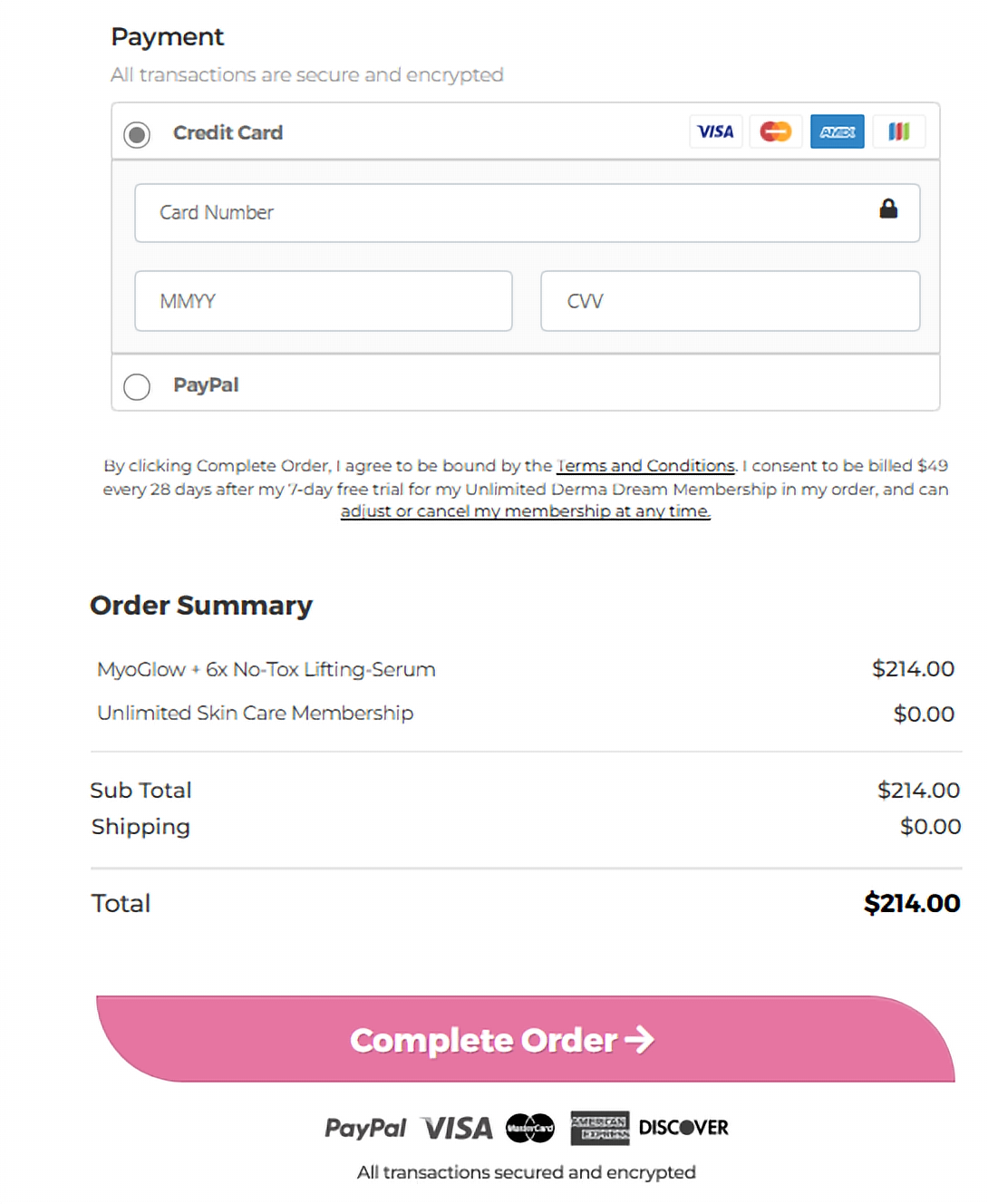 MyoGlow official checkout page showing payment options and order summary