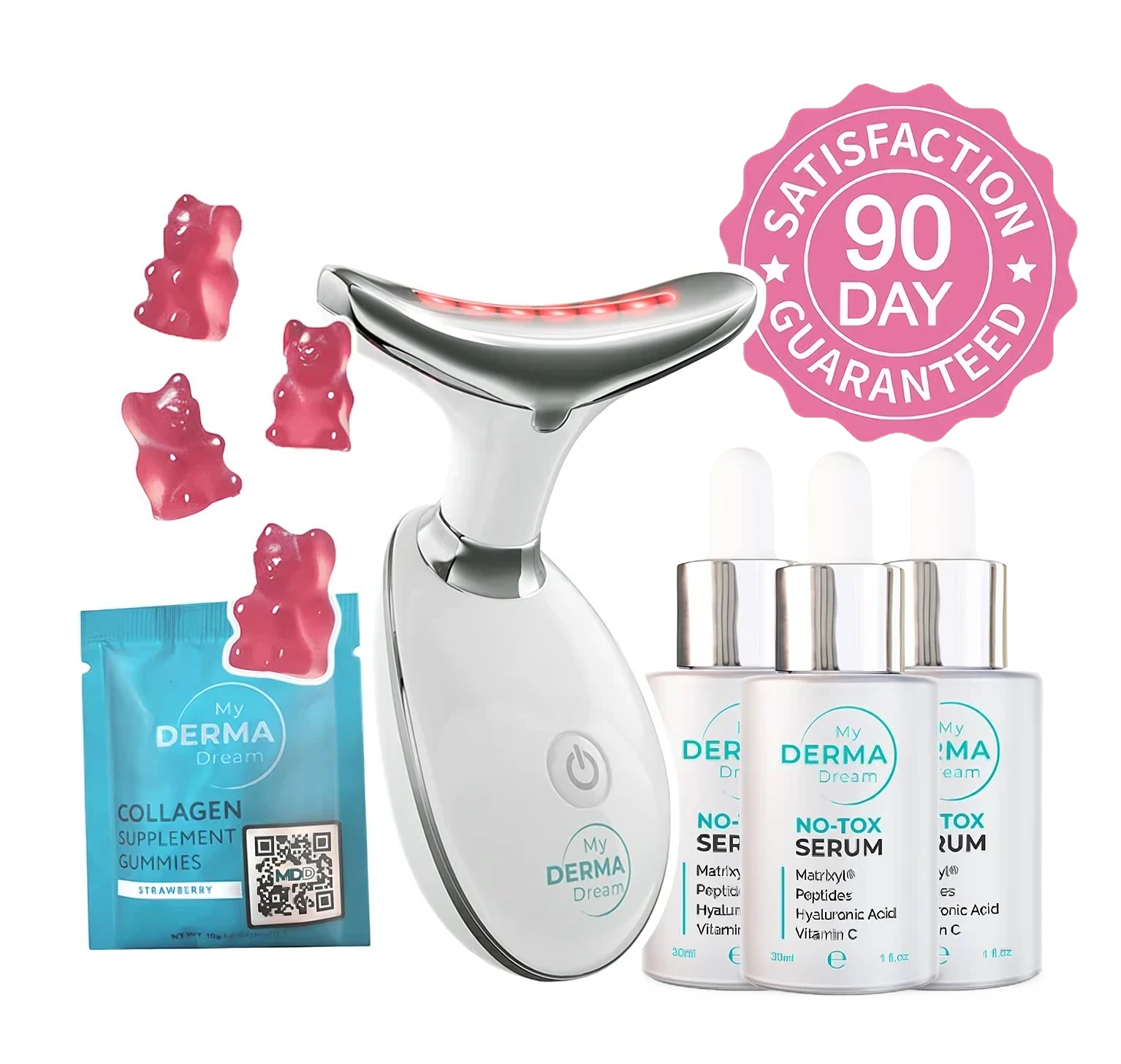 MyoGlow LED device with 3 No-Tox Serums, collagen gummies and 90-day satisfaction guarantee badge