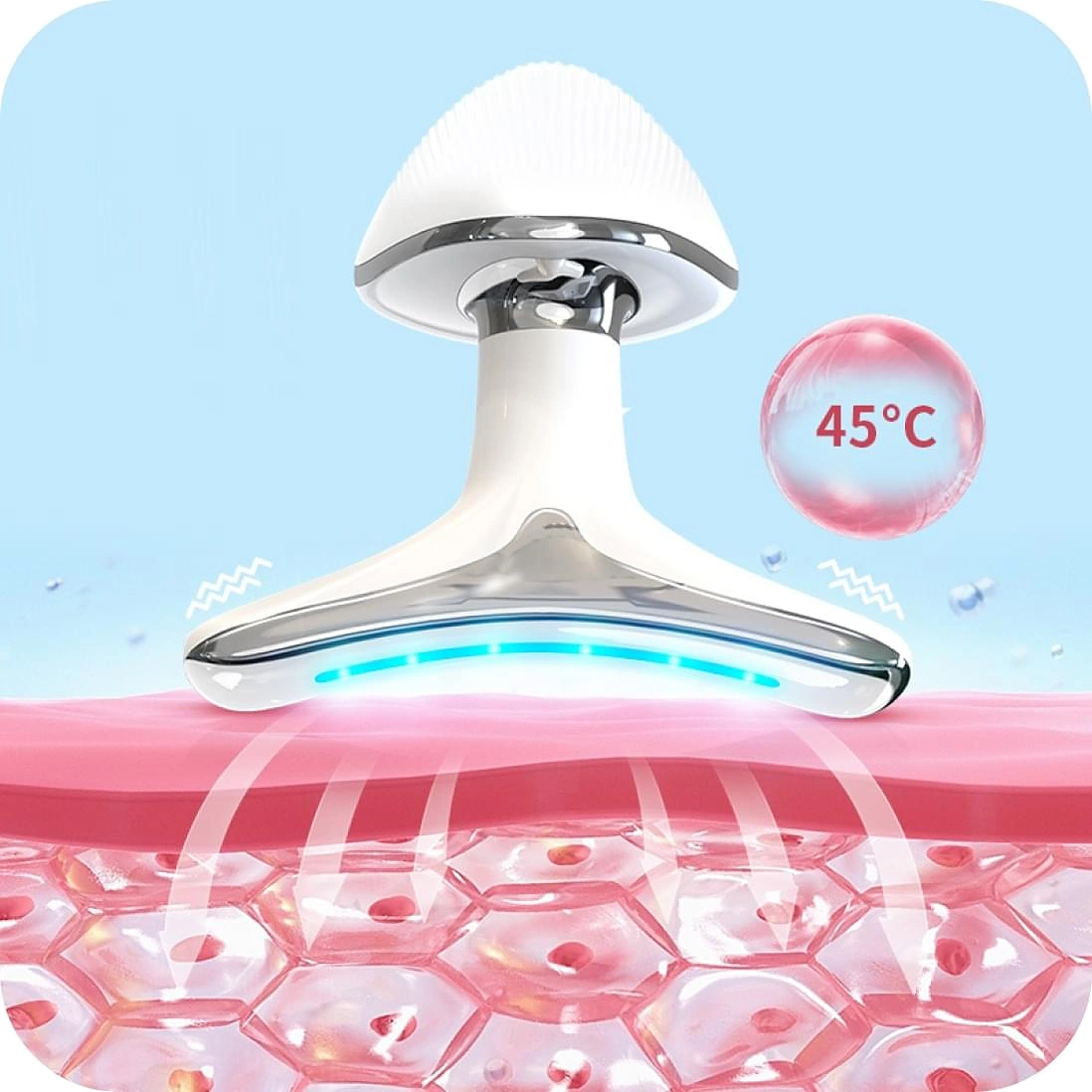 MyoGlow LED skincare device with blue light, sonic vibration and 45°C warmth on the skin