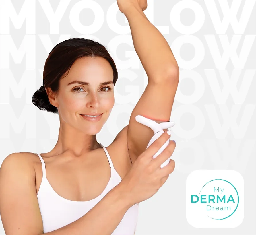 MyoGlow handheld LED skincare device by My Derma Dream used on the arm